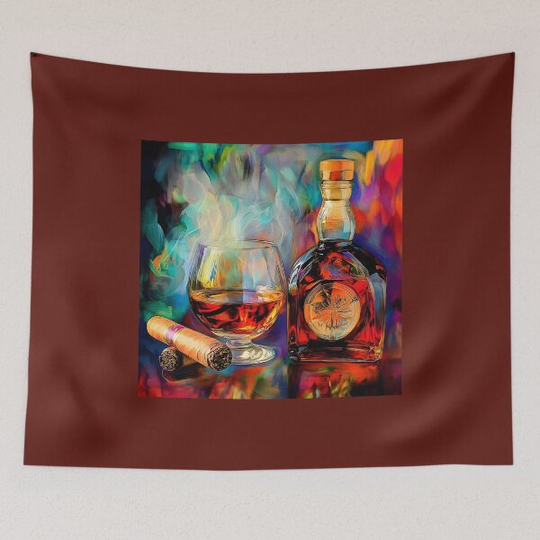 Item preview, Glass and Bottle of Brandy with Lit Cigar in Vivid, Smoky Atmosphere AI Generated Abstract Art designed and sold by OlfactoART Studio.