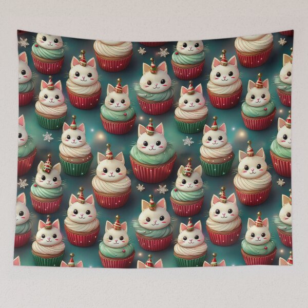 Item preview, Cupcake Joy: A joyful pattern featuring cupcakes topped with cats in a winter wonderland. The background is filled with snowflakes and other festive elements. designed and sold by Grang Art Artistic Designs.