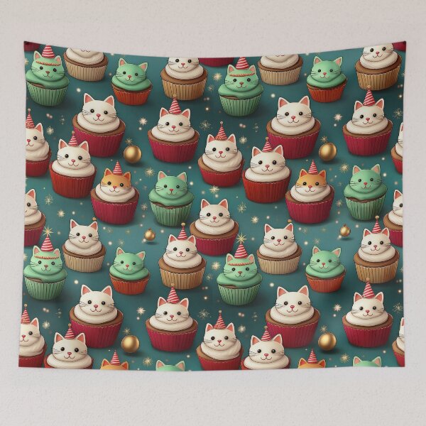 Item preview, Cupcake Heaven: A joyful pattern featuring cupcakes topped with cats in a winter wonderland. The background is filled with snowflakes and other festive elements. designed and sold by Grang Art Artistic Designs.