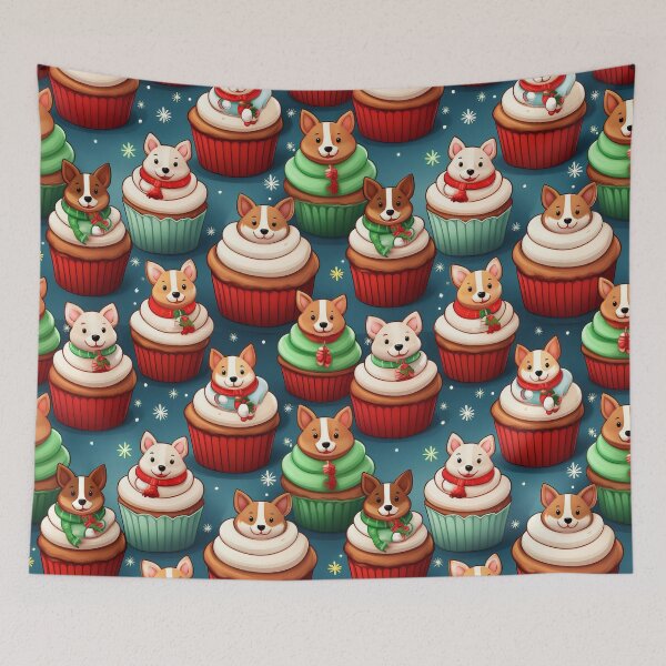 Item preview, Cupcake Dog Heaven: A joyful pattern featuring cupcakes topped with dogs in a winter wonderland. The background is filled with snowflakes and other festive elements. designed and sold by Grang Art Artistic Designs.