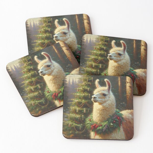 Item preview, Whimsical Llama in Holiday Wreath Standing by Christmas Tree designed and sold by mustardseed-410.