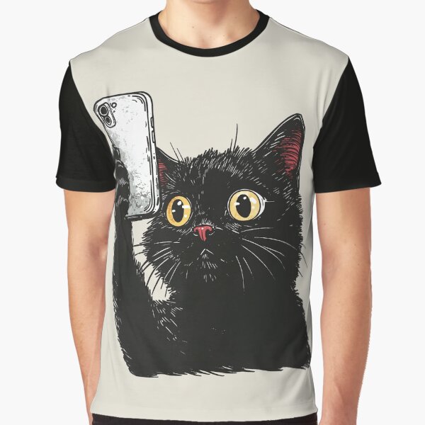 Vista previa del artículo con la obra «Gato Negro Selfie Influencer de Redes Sociales», diseñado y vendido por OrenjiArtShop.