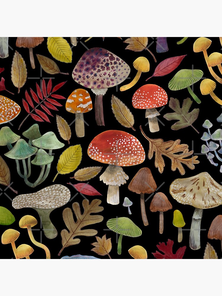 Thumbnail 3 of 3, Pin, Watercolour Toadstools on black - small scale - Autumnal pattern by Cecca Designs designed and sold by Cecca-Designs.