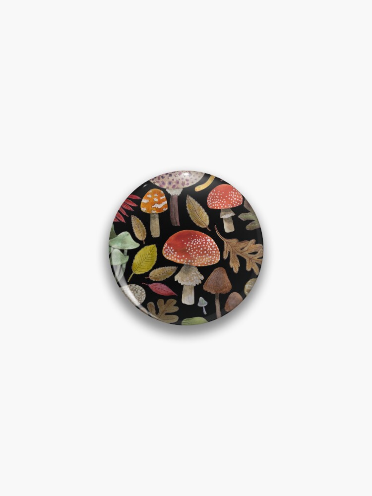 Thumbnail 1 of 3, Pin, Watercolour Toadstools on black - small scale - Autumnal pattern by Cecca Designs designed and sold by Cecca-Designs.