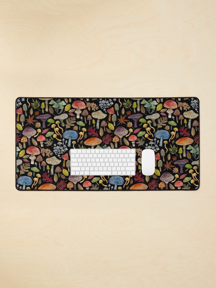 Thumbnail 1 of 5, Mouse Pad, Watercolour Toadstools on black - small scale - Autumnal pattern by Cecca Designs designed and sold by Cecca-Designs.