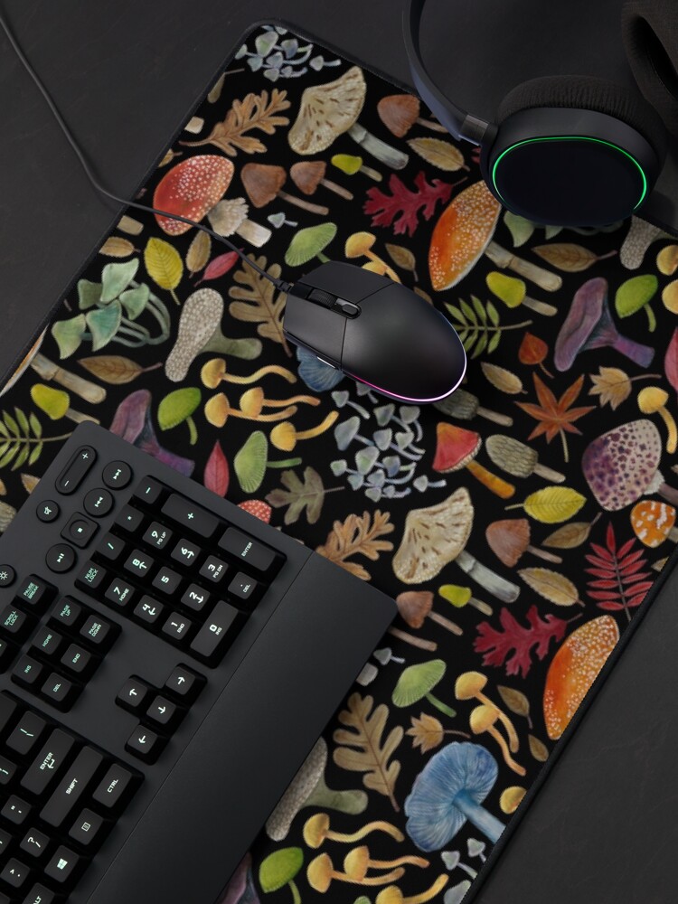 Thumbnail 4 of 5, Mouse Pad, Watercolour Toadstools on black - small scale - Autumnal pattern by Cecca Designs designed and sold by Cecca-Designs.