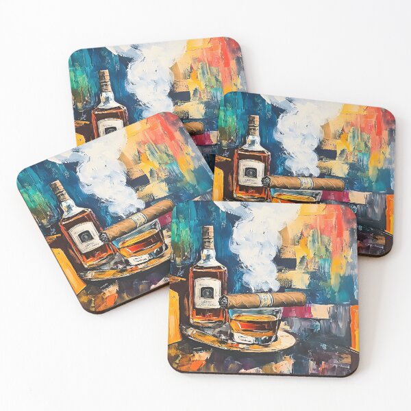Item preview, Cigar Lounge with Vibrant Liquor Bottle and Smoking Cigar on a Tray Abstract AI Generated Digital Art designed and sold by OlfactoART Studio.