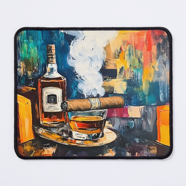 Item preview, Cigar Lounge with Vibrant Liquor Bottle and Smoking Cigar on a Tray Abstract AI Generated Digital Art designed and sold by OlfactoART Studio.