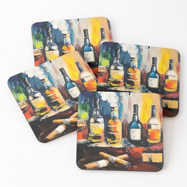 Item preview, Collection of Liquor Bottles and Glass on a Vibrant Multicolored Surface with Cigars designed and sold by OlfactoART Studio.