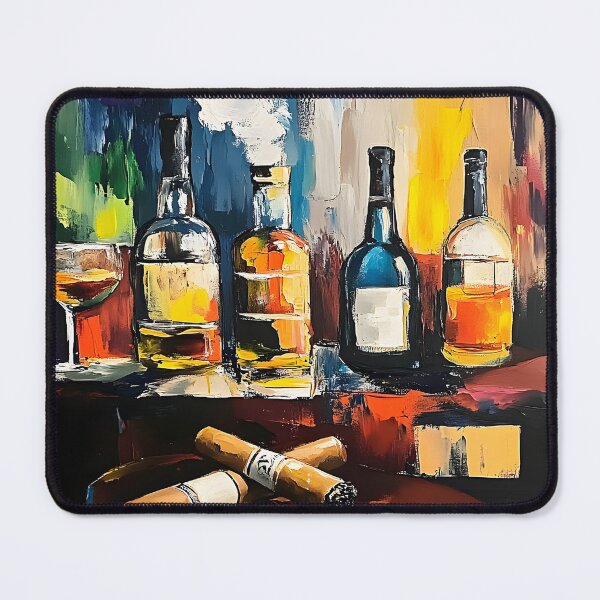 Item preview, Collection of Liquor Bottles and Glass on a Vibrant Multicolored Surface with Cigars designed and sold by OlfactoART Studio.