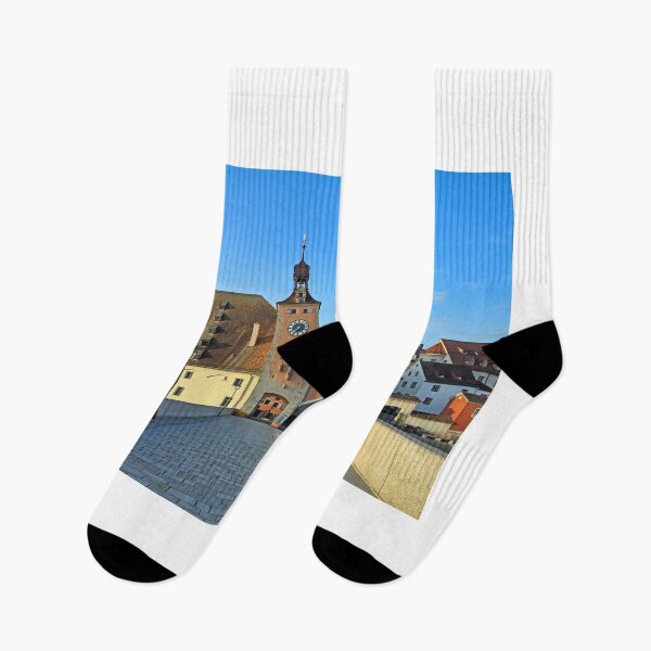 Item preview, Old stone bridge and clock tower in Regensburg Germany designed and sold by goceris.