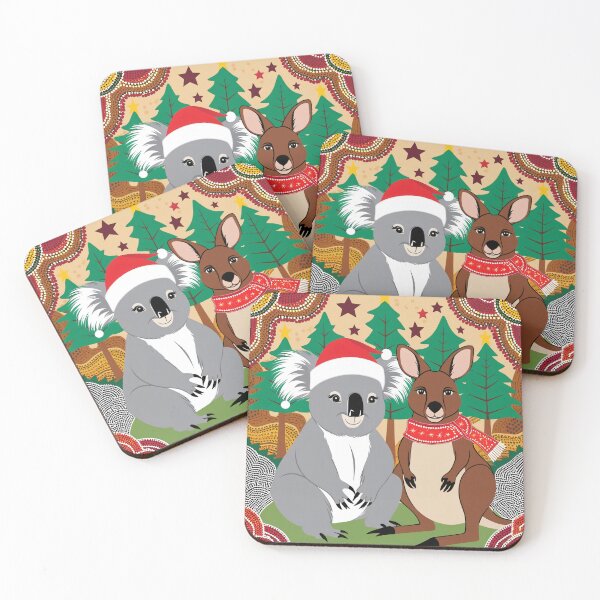 Item preview, Christmas greetings from Australia – koala and kangaroo in front of a festive backdrop in Aboriginal style designed and sold by TRex-Landscapes.