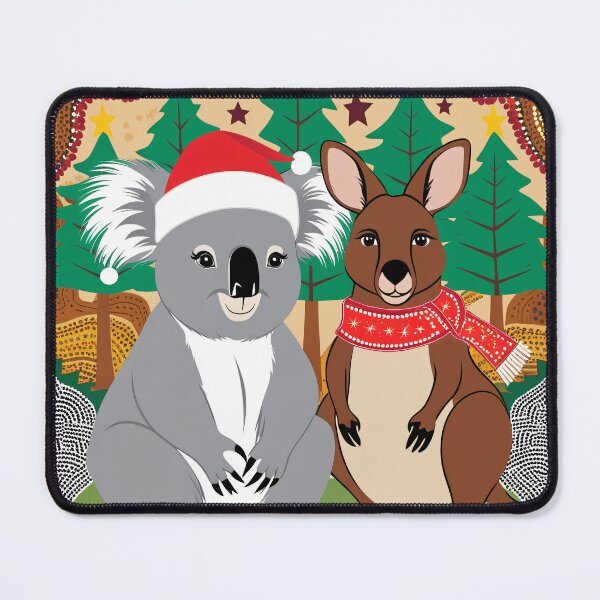 Item preview, Christmas greetings from Australia – koala and kangaroo in front of a festive backdrop in Aboriginal style designed and sold by TRex-Landscapes.