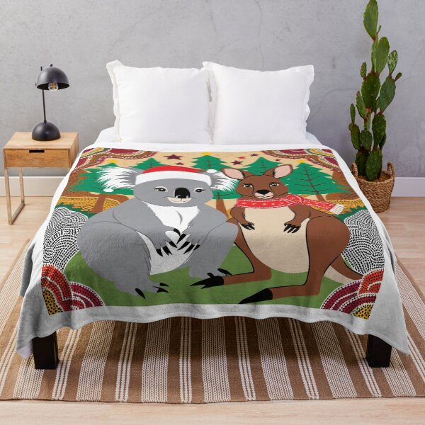 Item preview, Christmas greetings from Australia – koala and kangaroo in front of a festive backdrop in Aboriginal style designed and sold by TRex-Landscapes.