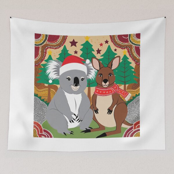 Item preview, Christmas greetings from Australia – koala and kangaroo in front of a festive backdrop in Aboriginal style designed and sold by TRex-Landscapes.