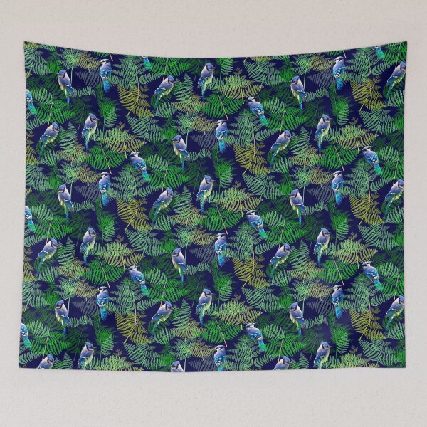 Item preview, Bluejays in the Ferns Half Drop on Navy Blue 000140 designed and sold by Art in My Loft.
