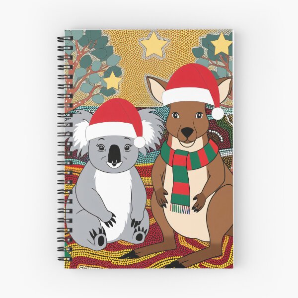 Item preview, Christmas koala and kangaroo against a traditional Australian backdrop – Festive illustration designed and sold by TRex-Landscapes.