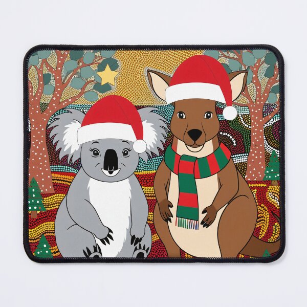 Item preview, Christmas koala and kangaroo against a traditional Australian backdrop – Festive illustration designed and sold by TRex-Landscapes.