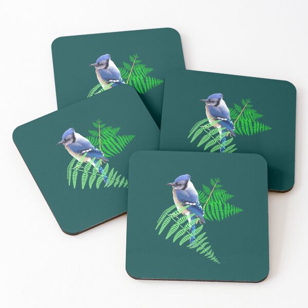 Artikelvorschau, Bluejays in the Ferns Halbtropfen auf dunklem Blaugrün 004040 entworfen und verkauft von Art in My Loft.
