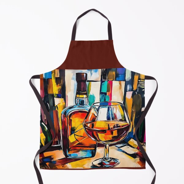 Item preview, Brandy con botella sobre un patrón geométrico colorido, arte abstracto generado por IA digital designed and sold by OlfactoART Studio.