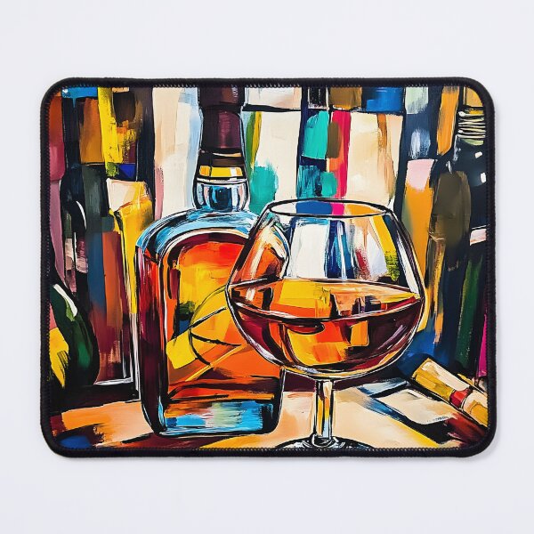 Item preview, Brandy with Bottle Against Colorful Geometric Pattern, Abstract Art Digital AI Generated designed and sold by OlfactoART Studio.