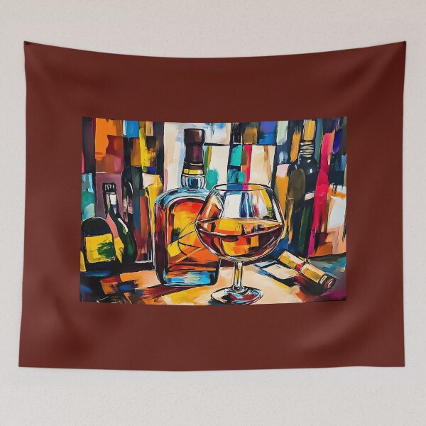 Item preview, Brandy con botella sobre un patrón geométrico colorido, arte abstracto generado por IA digital designed and sold by OlfactoART Studio.
