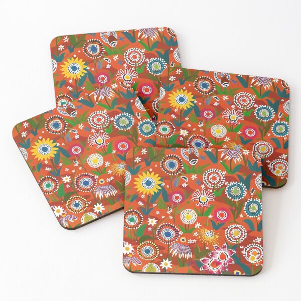Item preview, Colorful Australian Wildflowers on Red Background – Aboriginal Inspired Illustration designed and sold by TRex-Landscapes.