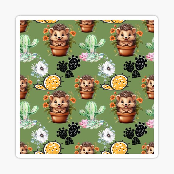 Prickly Paradise: A tropical-inspired pattern featuring hedgehogs and cacti in vibrant colors. Sticker