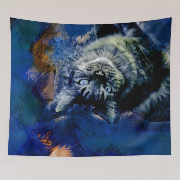 Item preview, ORANGE, DARK BLUE BROWN AND TEAL PLAYFUL CAT IN FALL LEAVES designed and sold by Most1234.