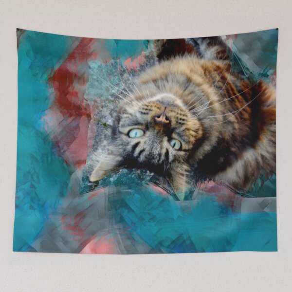 Item preview, WINE, RED, ORANGE, PINK AND PETROL BLUE PLAYFUL CAT IN FALL LEAVES designed and sold by Most1234.