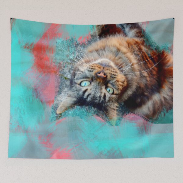 Item preview, TURQUOISE, RED, ORANGE AND PALE BLUE PLAYFUL CAT IN FALL LEAVES designed and sold by Most1234.