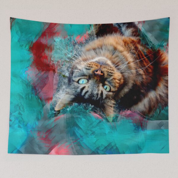 Item preview, RED, TEAL, TURQUOISE AND WINE PLAYFUL CAT IN FALL LEAVES designed and sold by Most1234.