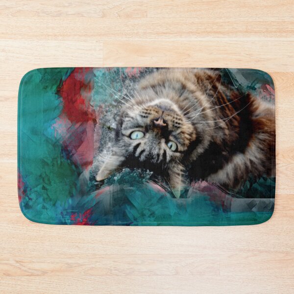 Item preview, TEAL, RED, GREEN AND DUSTY ROSE PLAYFUL CAT IN FALL LEAVES designed and sold by Most1234.