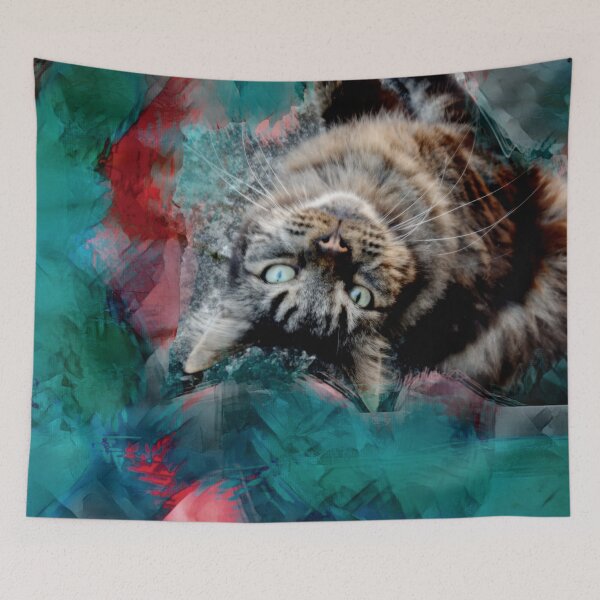 Item preview, TEAL, RED, GREEN AND DUSTY ROSE PLAYFUL CAT IN FALL LEAVES designed and sold by Most1234.
