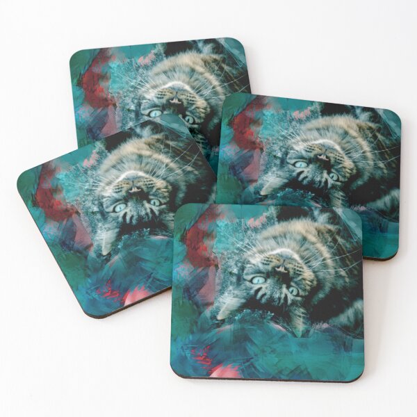 Item preview, BLUE, GREEN, RED,PINK AND TEAL PLAYFUL CAT IN FALL LEAVES designed and sold by Most1234.