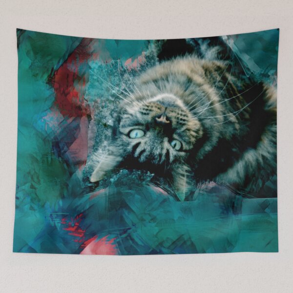 Item preview, BLUE, GREEN, RED,PINK AND TEAL PLAYFUL CAT IN FALL LEAVES designed and sold by Most1234.