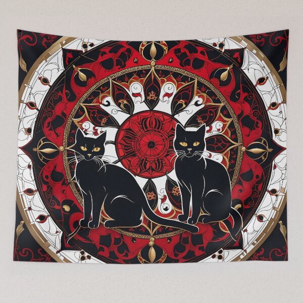 Item preview, Gothic Mandala with Two Black Cats and Red and Gold Details designed and sold by MandalasShops.