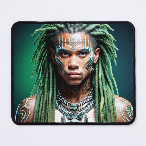 Item preview, Young man with bare torso, tattoos and green dreadlocks designed and sold by tribal-fiction.