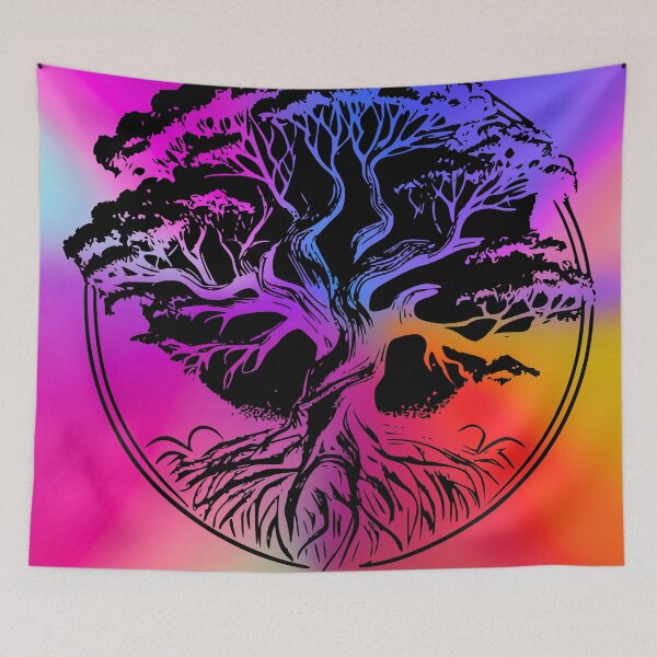 Item preview, Rainbow Banyan Tree Silhouette on Vibrant Tie-Dye Background designed and sold by Fredster1966.