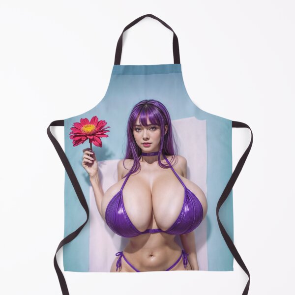 Item preview, Full Shot Digital Illustration of a Woman with Long Purple Hair in a Shiny Purple Bikini Holding a Red Flower – Teal Background Art designed and sold by marvinismyname.