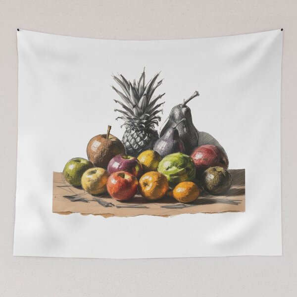 Item preview, A drawing of a table with a variety of fruits including apples, oranges designed and sold by PWDigitalArt.