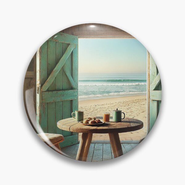 Item preview, beach view from a rustic wooden shack with surfboard designed and sold by Random Designs.