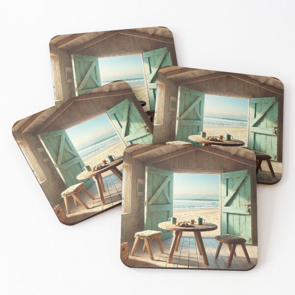Item preview, beach view from a rustic wooden shack with surfboard designed and sold by Random Designs.