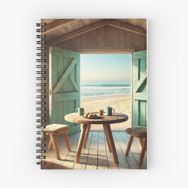 Item preview, beach view from a rustic wooden shack with surfboard designed and sold by Random Designs.