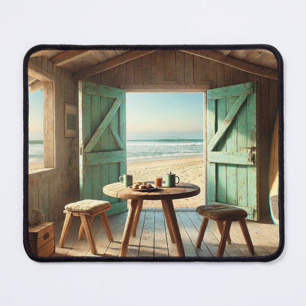 Item preview, beach view from a rustic wooden shack with surfboard designed and sold by Random Designs.