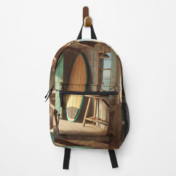 Item preview, beach view from a rustic wooden shack with surfboard designed and sold by Random Designs.