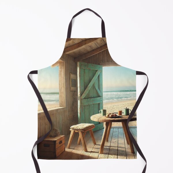 Item preview, beach view from a rustic wooden shack with surfboard designed and sold by Random Designs.