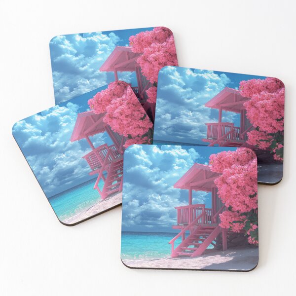 Item preview, Beach Happy Summer Poster: Pink beach house, blooming flowers, ocean waves, vintage sun designed and sold by Jasava Shop.