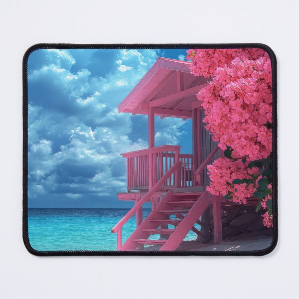 Item preview, Beach Happy Summer Poster: Pink beach house, blooming flowers, ocean waves, vintage sun designed and sold by Jasava Shop.