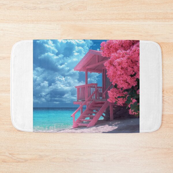 Item preview, Beach Happy Summer Poster: Pink beach house, blooming flowers, ocean waves, vintage sun designed and sold by Jasava Shop.
